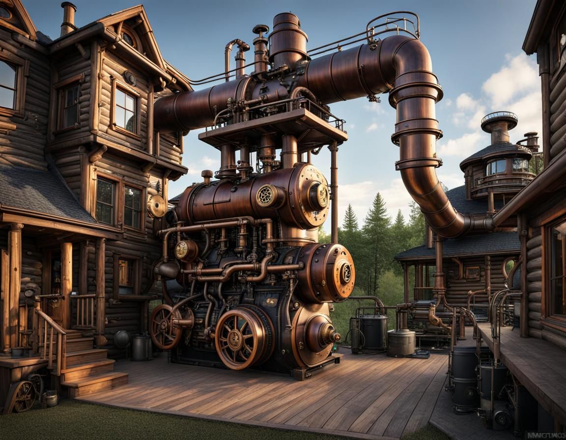 Steampunk Log House in Metropolitan Cityscape