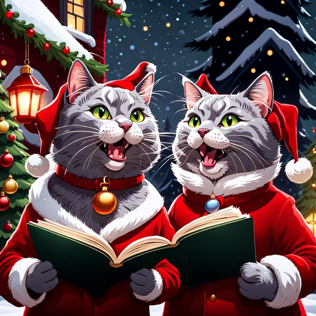 Festive Cats Sing Christmas Carols in Cartoon Style