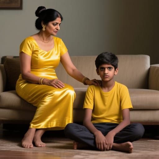Stunning Indian Woman Admonishing Boy in Yellow Silk Outfit