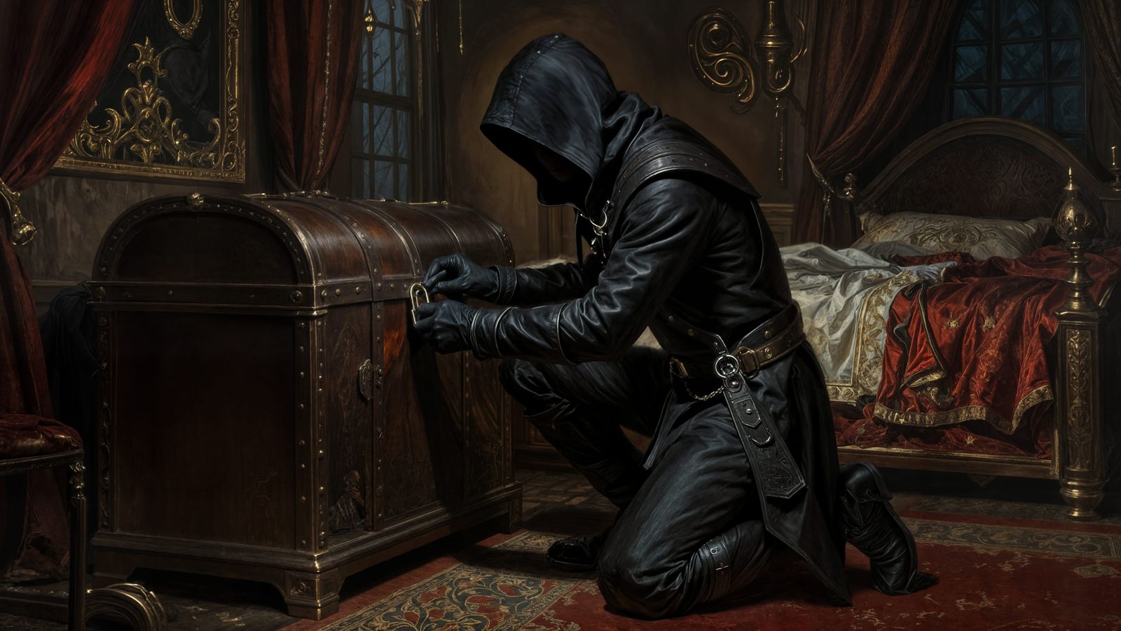 Thief Picking Lock on Treasure Chest in Dark Fantasy Bedroom