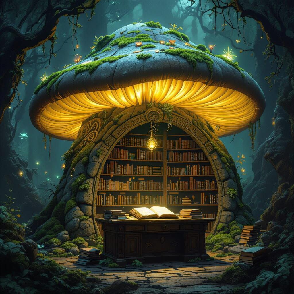 Bioluminescent Mushroom Library Concept Art