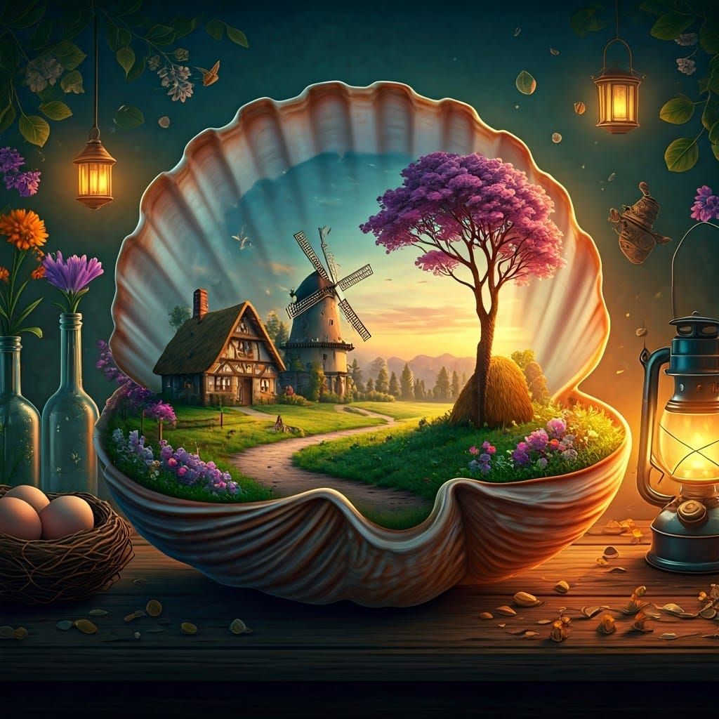 Seashell Landscape: Hyperrealistic Splash Art