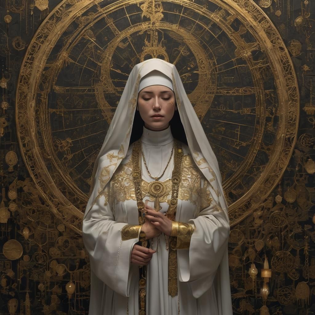 Eerie Nun in Klimt-Inspired Anime Illustration