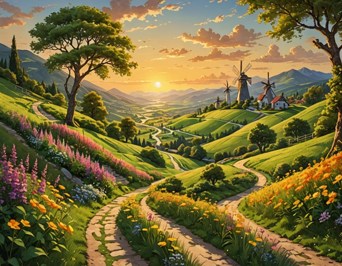 Scenic Mountain Path at Sunset in Cubist Style