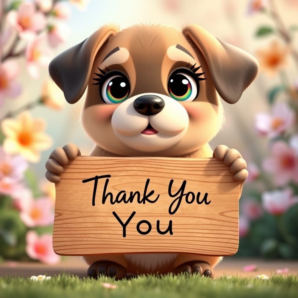 Cute Disney Pixar-Style Dog Holding Thank You Sign in Spring...