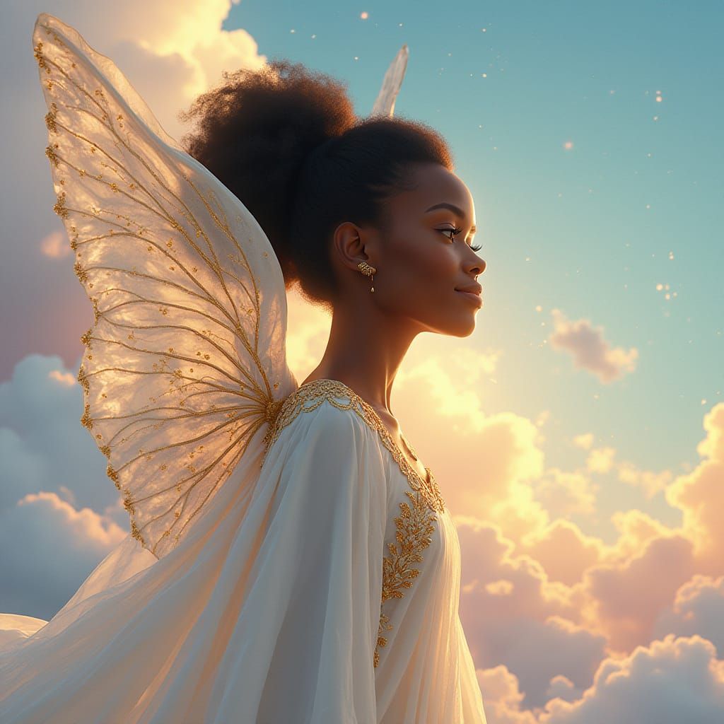Serenely Radiant African Angel Gazing Down on Earth's Majest...