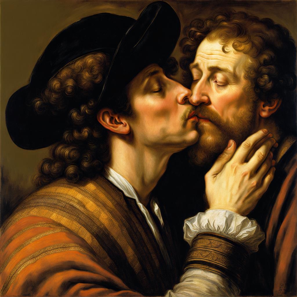 Rembrandt-Inspired Kiss Between Two Men