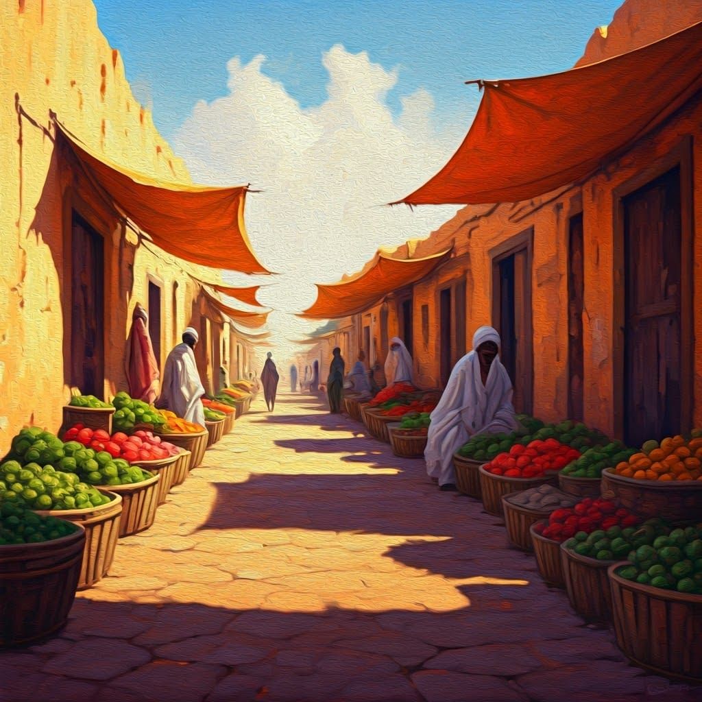 Vibrant Timbuktu Farmers Market in Impressionist Oil Paintin...