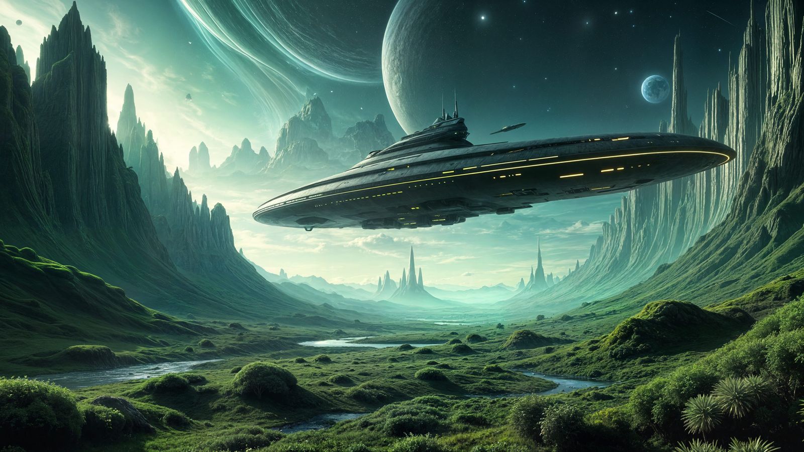 Sleek Spaceship Lands on Lush Alien Planet