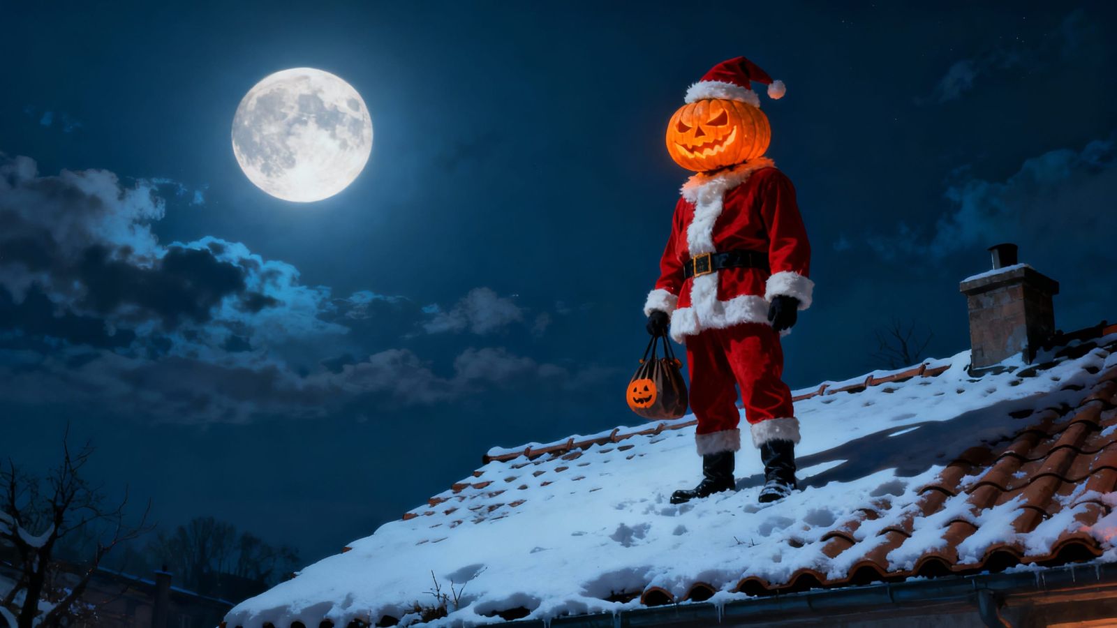 Creepy Santa with Jack-o-Lantern Head on Snowy Rooftop