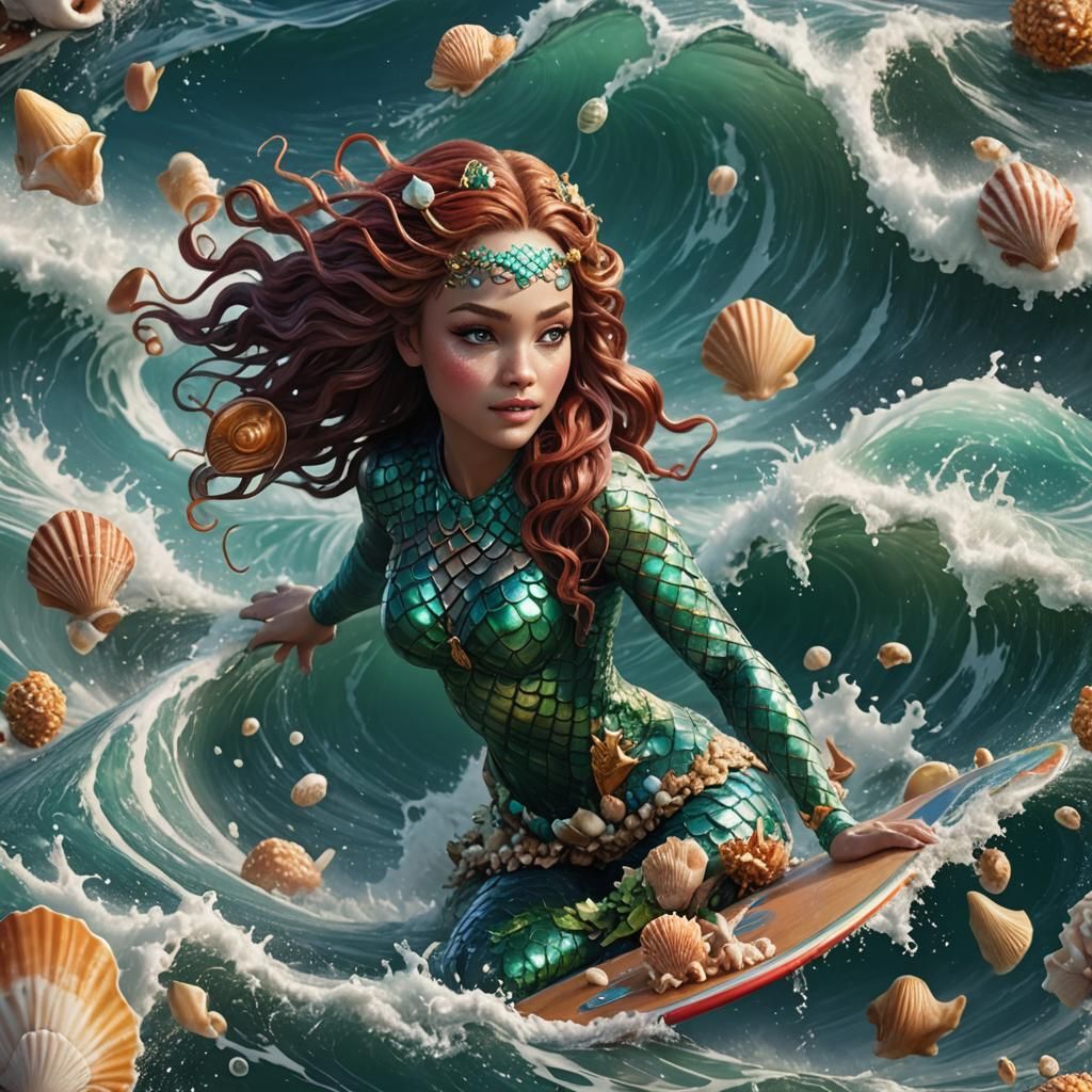 Mermaid Surfing Waves with Seashell Makeup