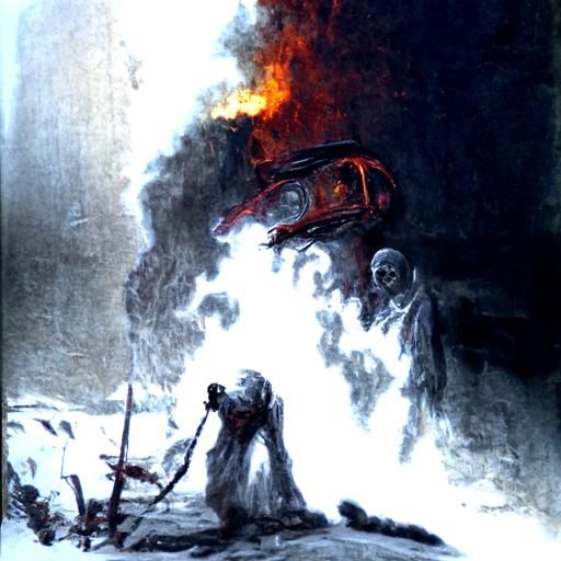 Burning Car in Dark Gothic Horror Style