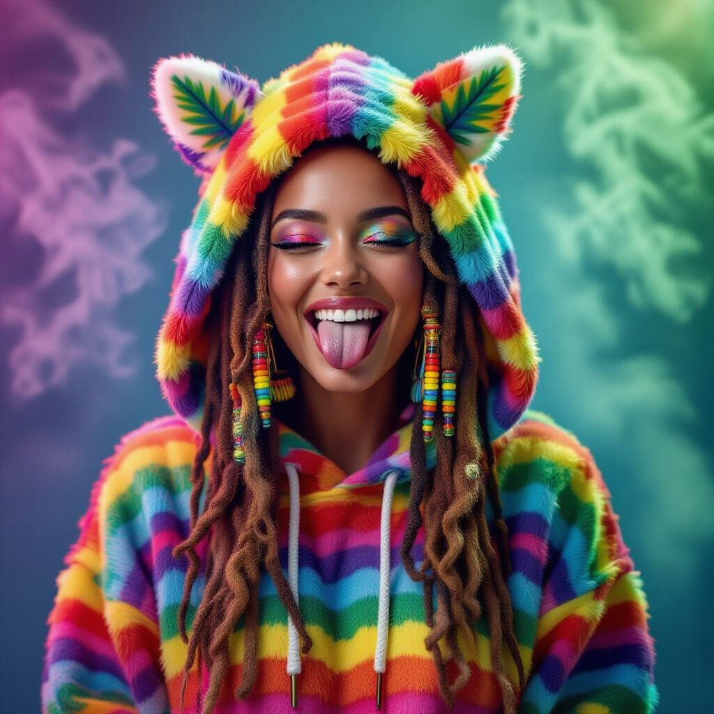 Psychedelic Rainbow Hoodie Woman Sticking Tongue Out