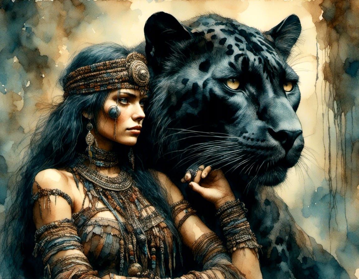 Woman with Panther in Heroic Barbarian Style