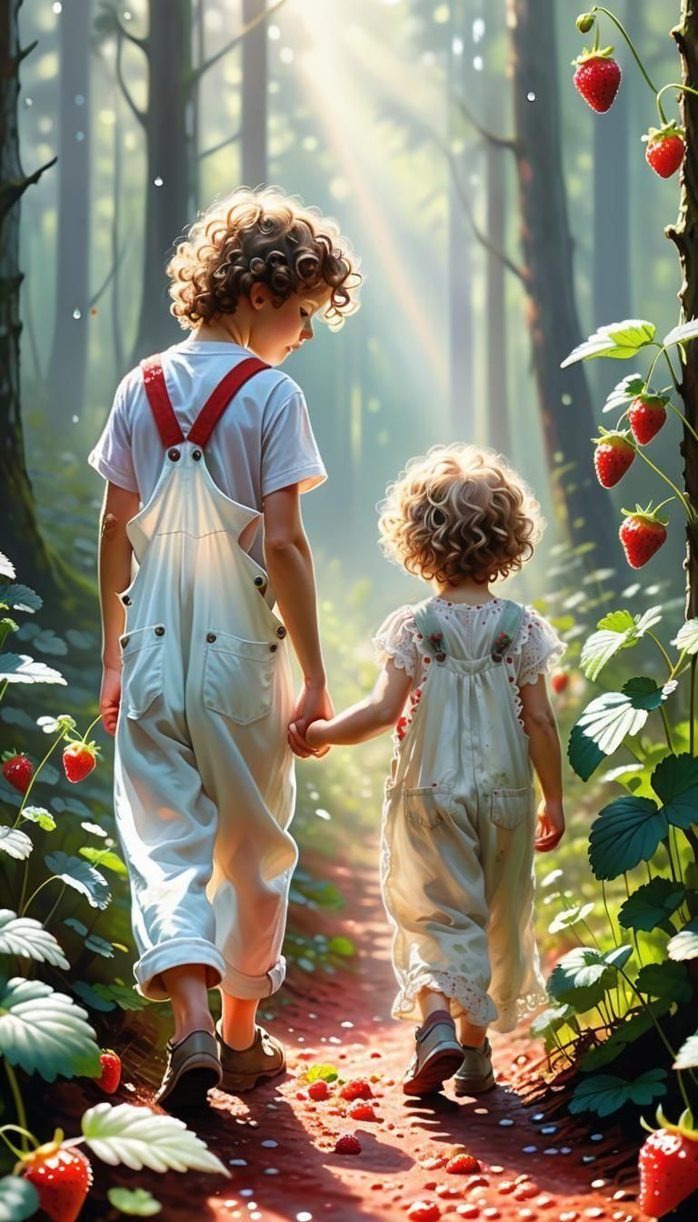 Children in Forest Reflected in Dewdrop