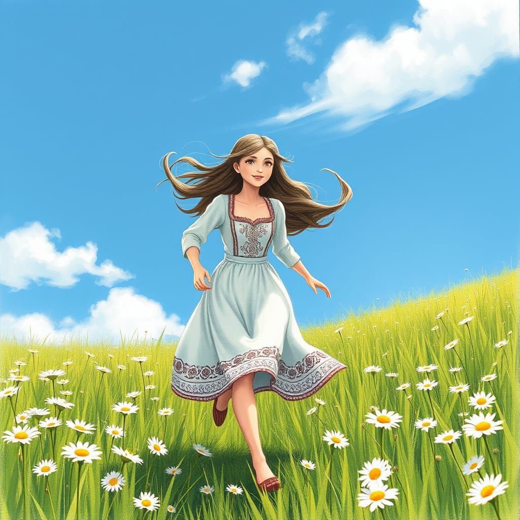 Elegant Estonian Folk Maiden Runs in Whimsical Meadow Landsc...