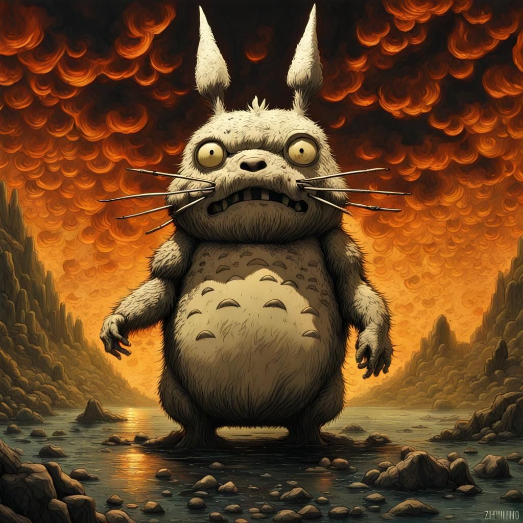 Scary Totoro in Bikini: Surreal Horror Art