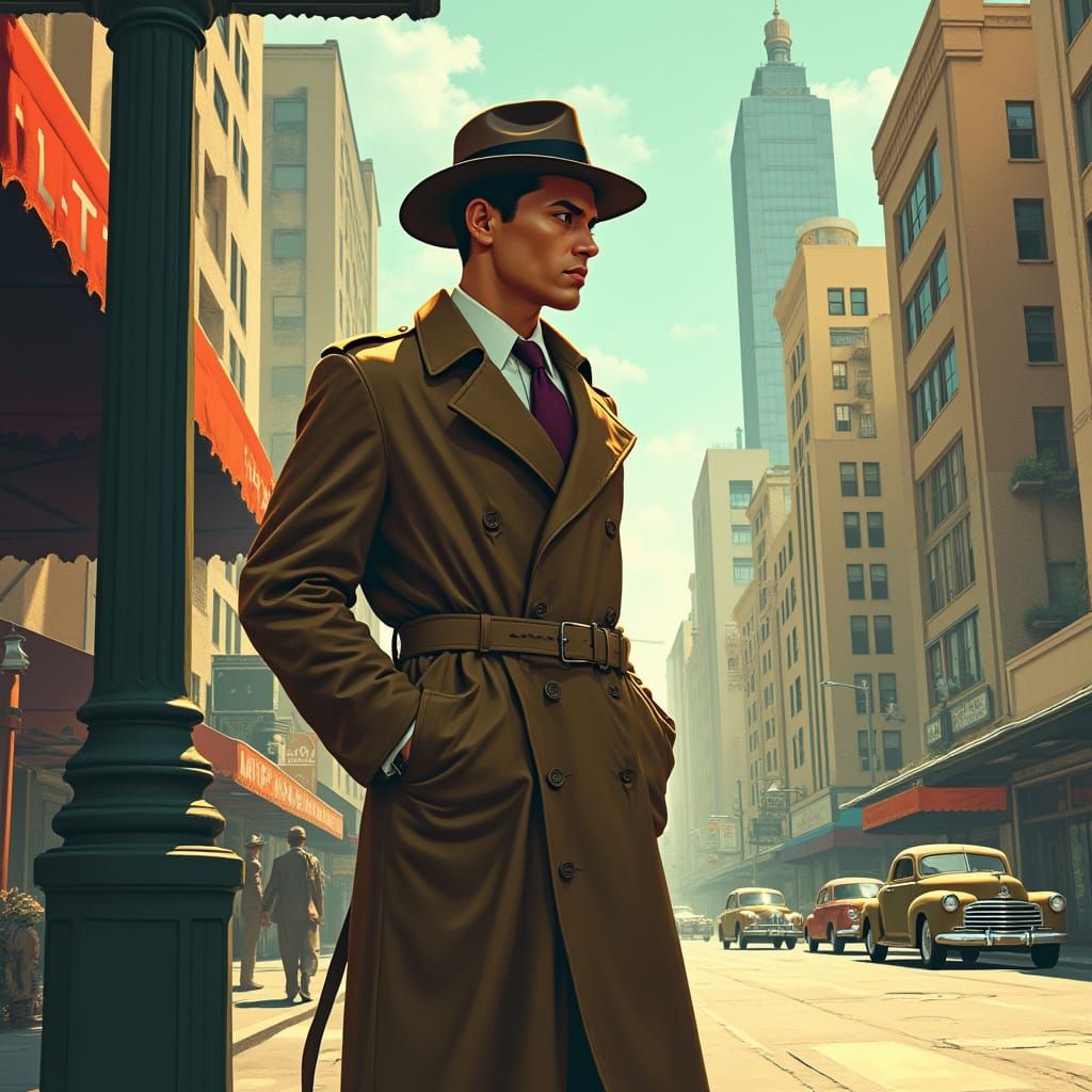 Vintage Detective in 1940s Los Angeles Cityscape