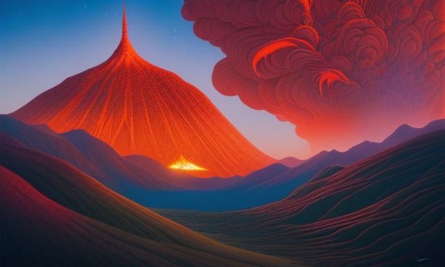 Surreal Volcano Fairytale Landscape with Birds and Flowers