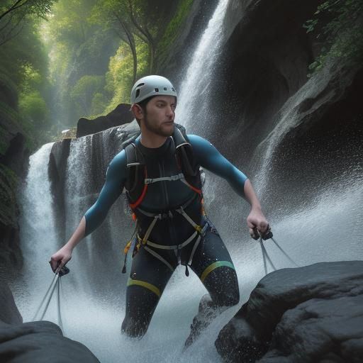 Hyperrealistic Man Canyoning in Gnome Forest