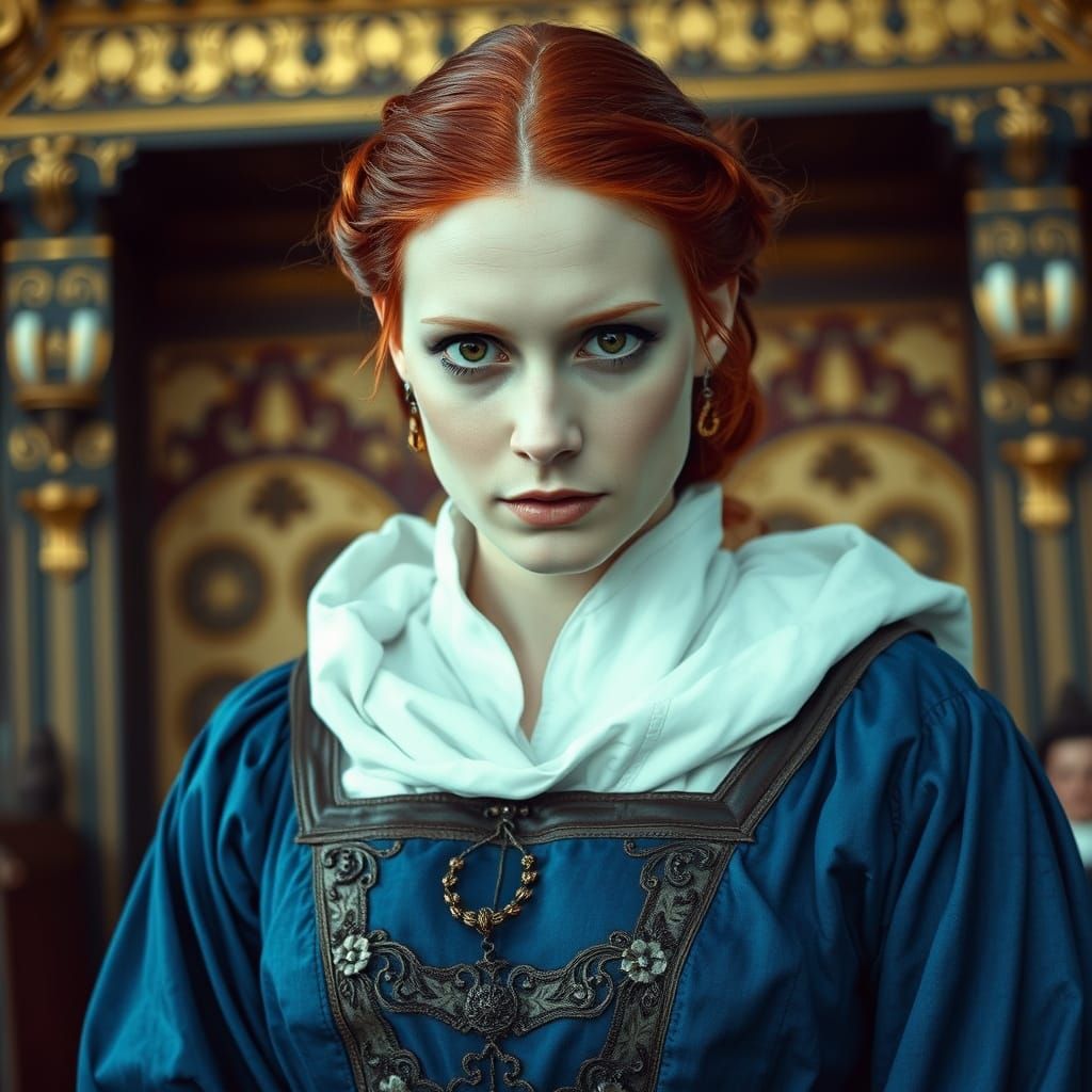 Redhead Noble Woman in Blue Dress with Jealous Expression
