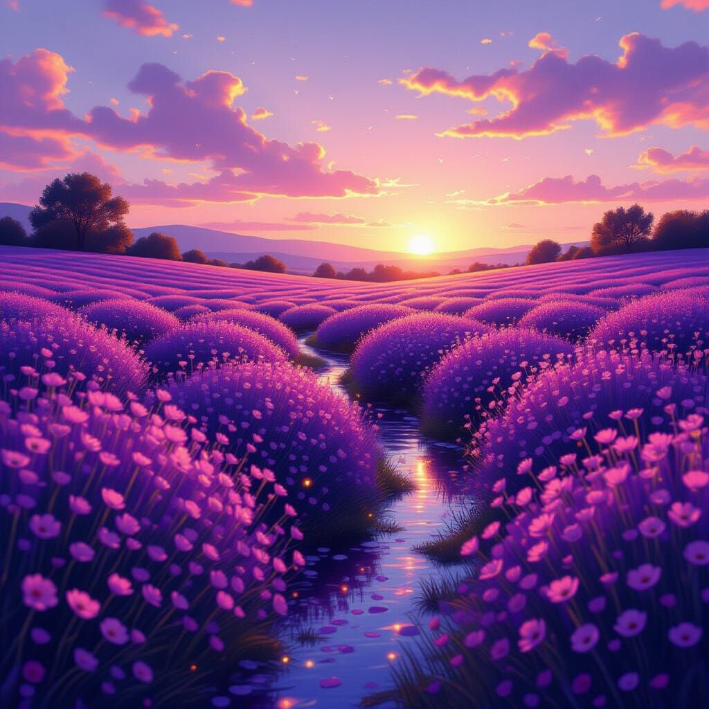 Sunset Over Lavender Fields in Cozy Fantasy Style