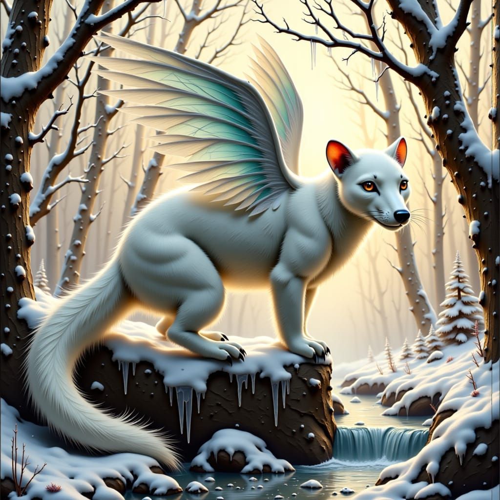 Icy Stoat in Winter Birch Forest, Ethereal Style
