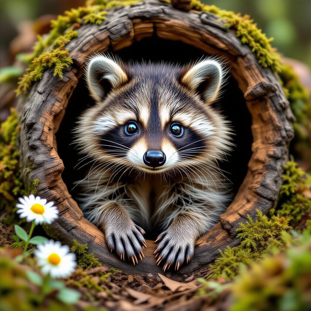 Fluffy Raccoon Cub in Forest Log, Photorealistic