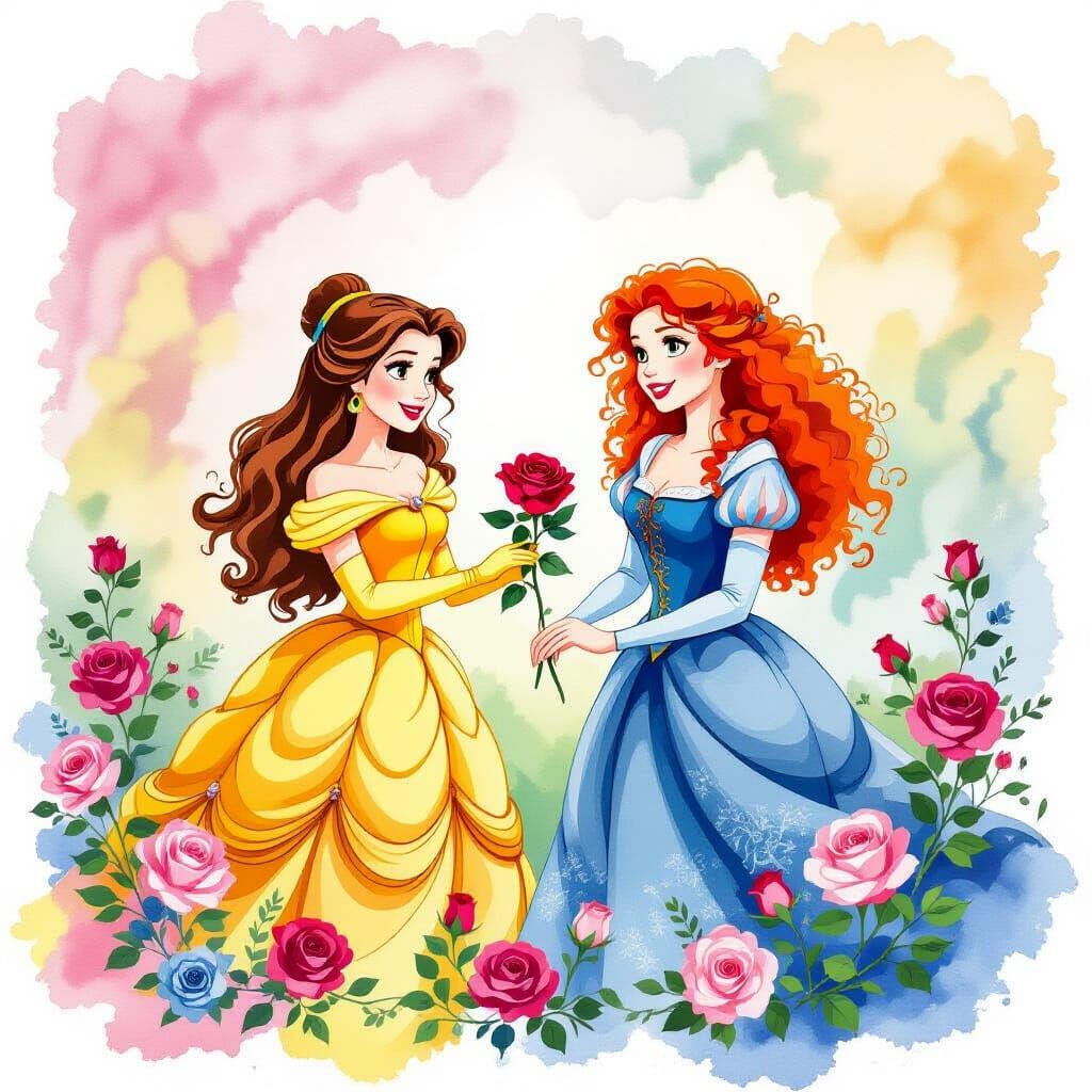 Belle and Merida in Alcohol Ink Splatter Style