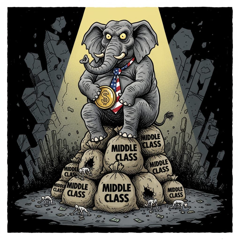 Greedy Elephant Exploits Middle Class in Political Cartoon