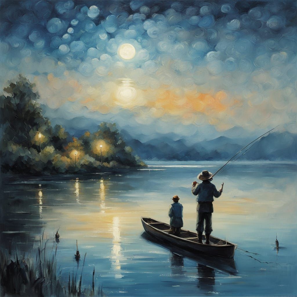 Fisherman Casts Line to Stars: Impressionist Oil Painting