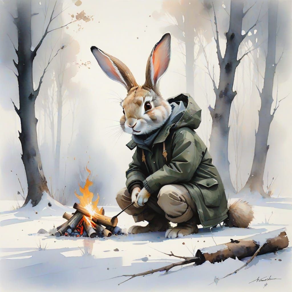 Whimsical Rabbit Lights Campfire in Snowy Serenity