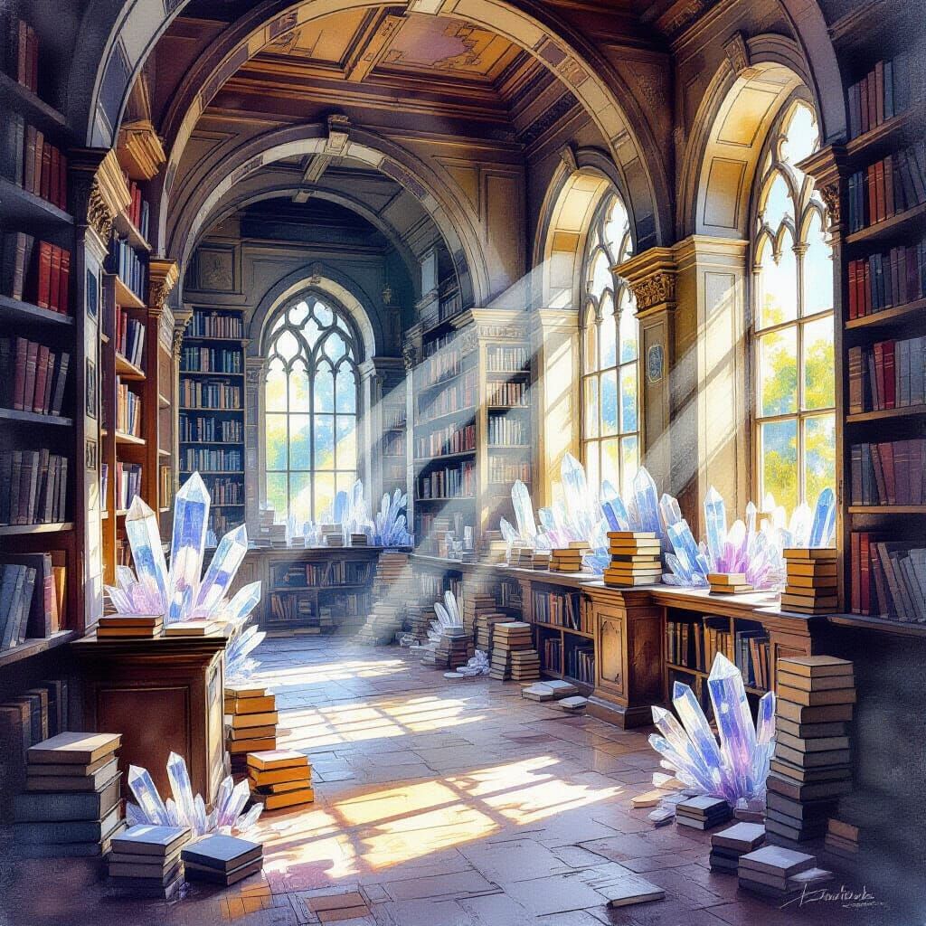 Abandoned Crystal Library Bathed in Sunlight