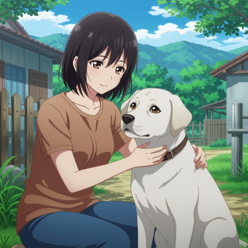 Anime Woman Petting White Labrador in Thailand