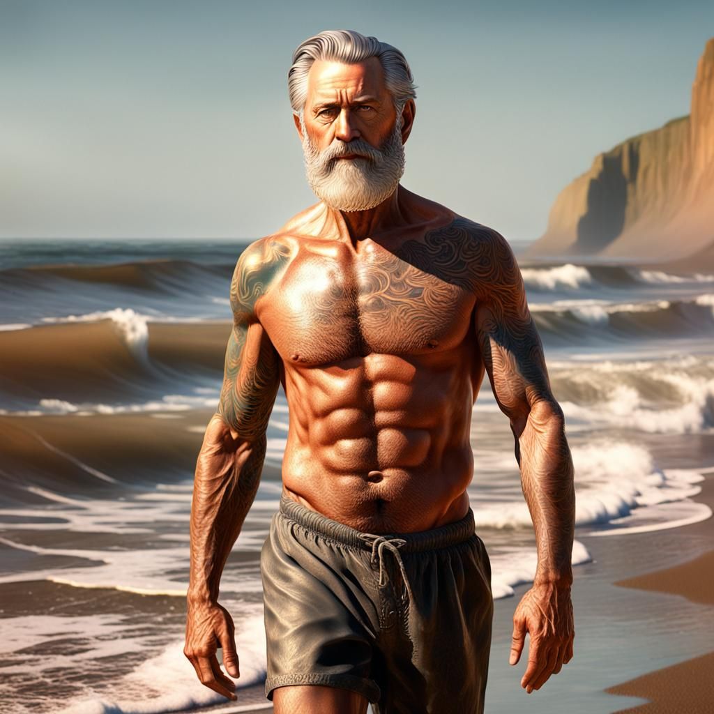 Bronze Beach Portrait with Tattoos in Monet Style