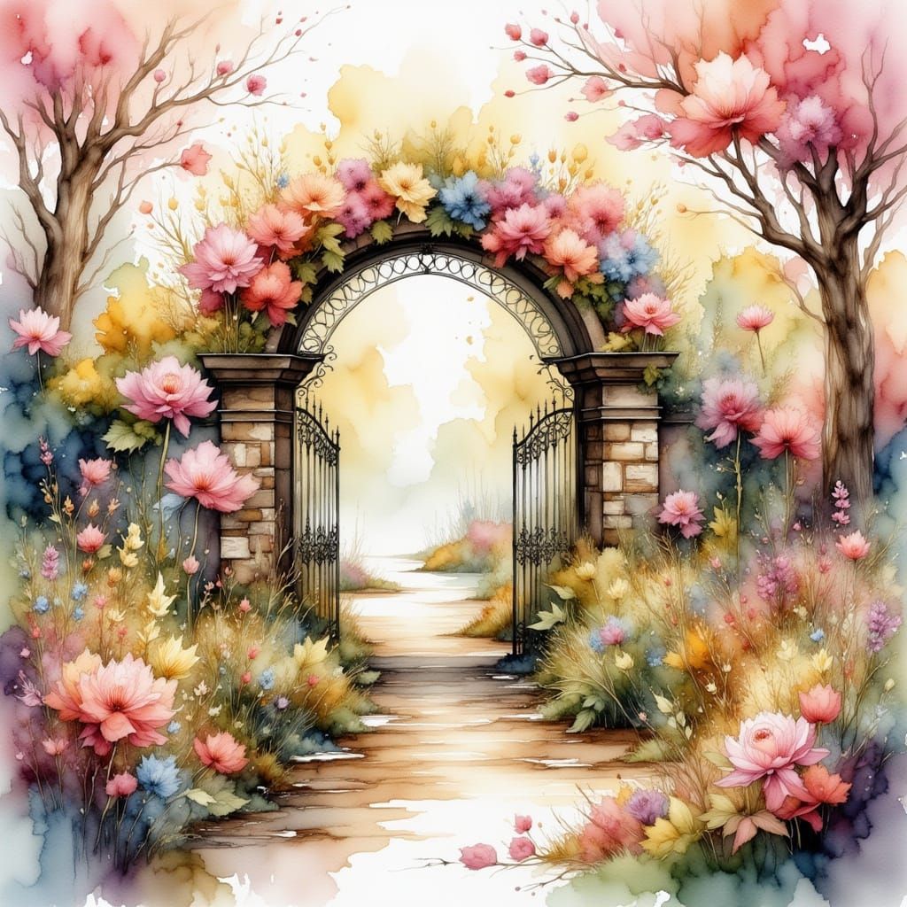 Victorian Garden Gate in Dreamy Watercolor Style