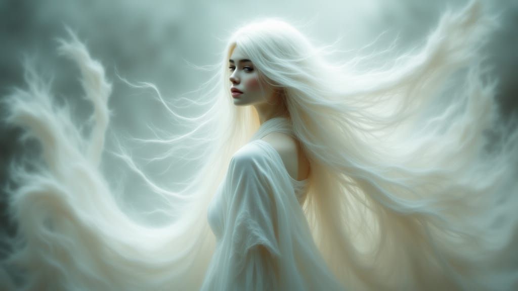 Ethereal White-Haired Woman Ascending in Watercolor