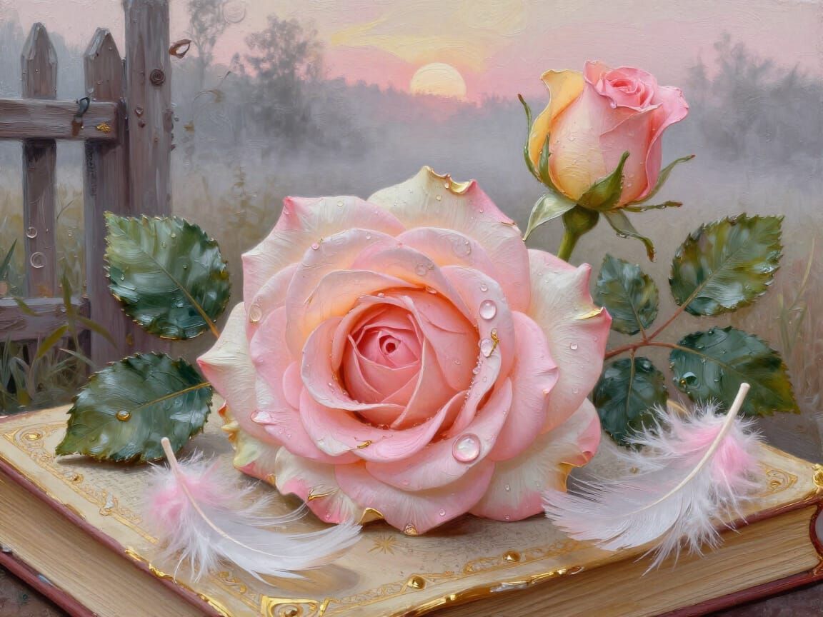 Impasto Oil Painting of a Delicate Pink Rose with Dewdrops