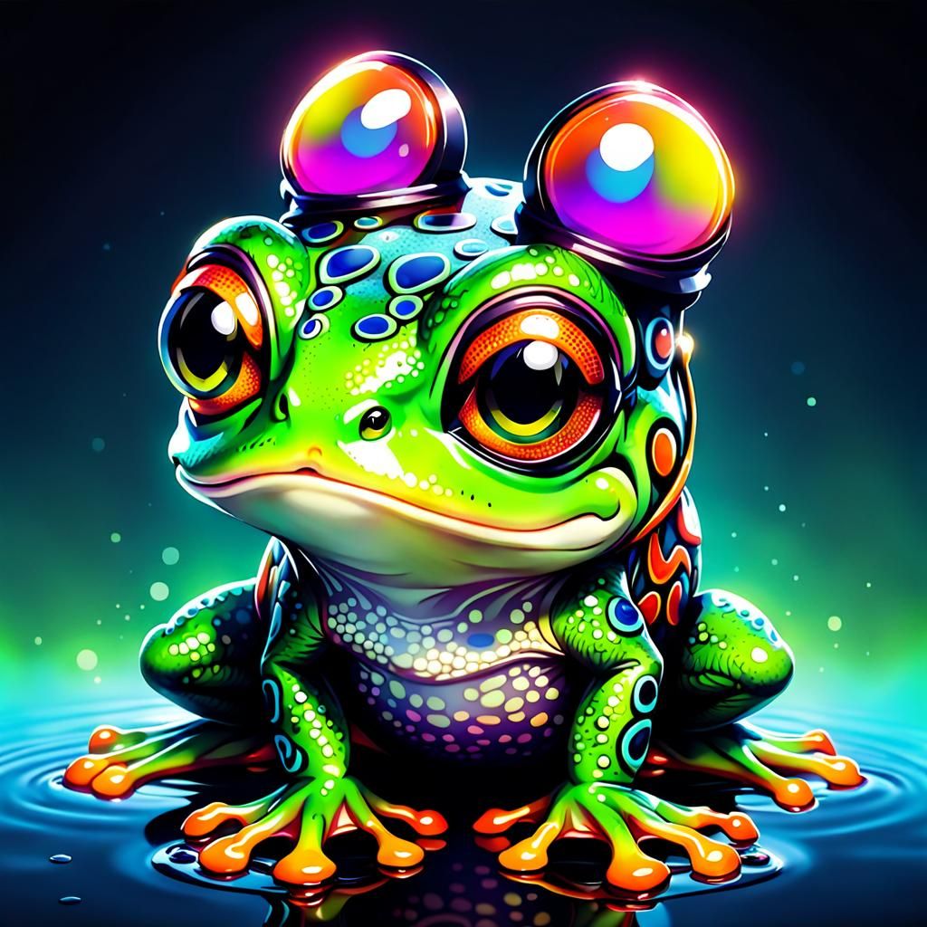 Psychedelic Neon Chibi Frog Cartoon Illustration