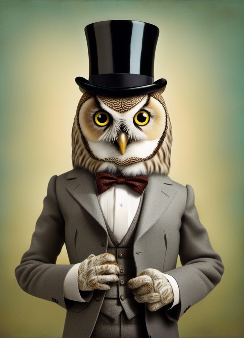 Surreal Antique Photo of an anthropomorphic  Owl Dressed as a Gentleman in a grey Suit and Top Hat Hyperrealistic, splas...