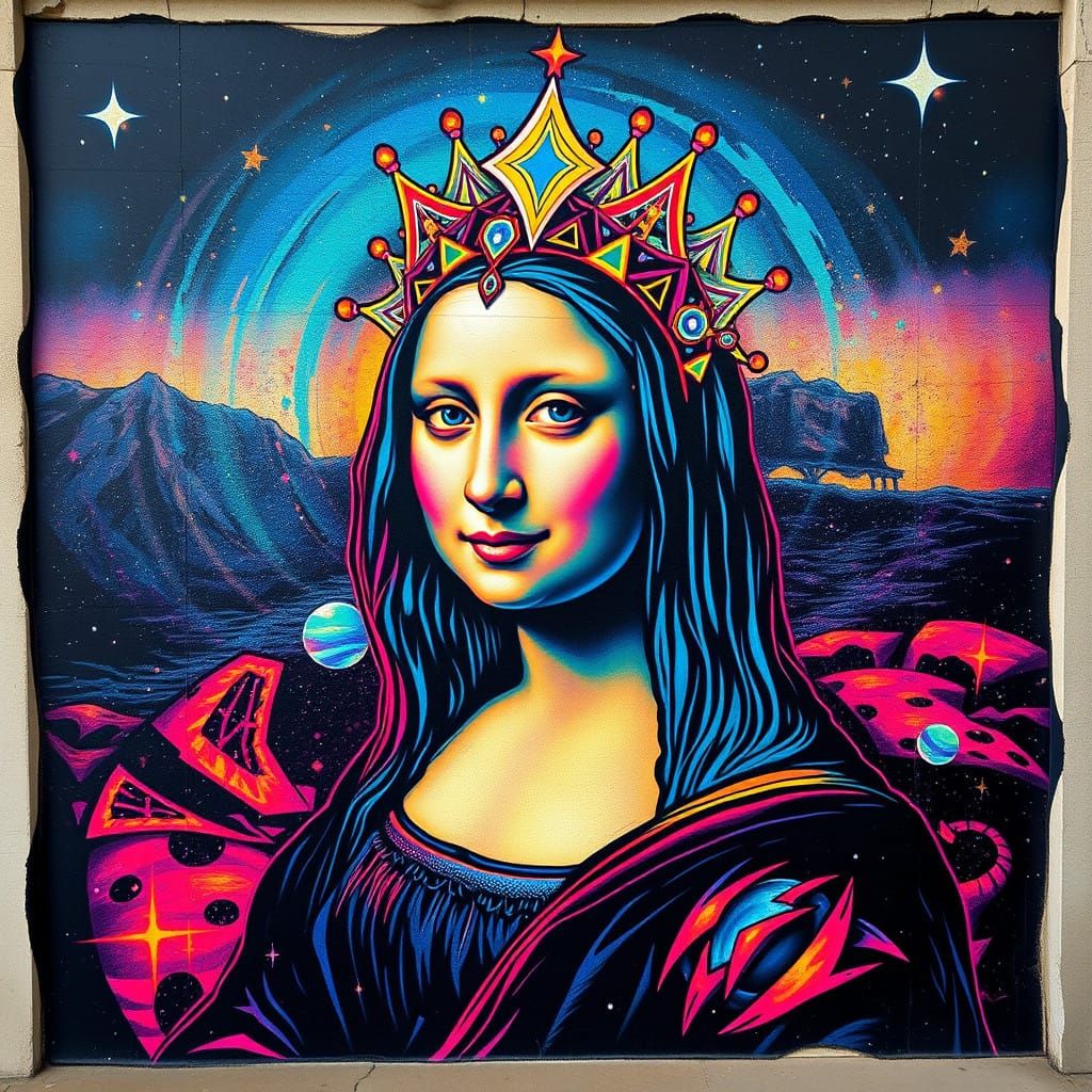 Cosmic Pop Art Mona Lisa: Digital Graffiti Mural in Vibrant...