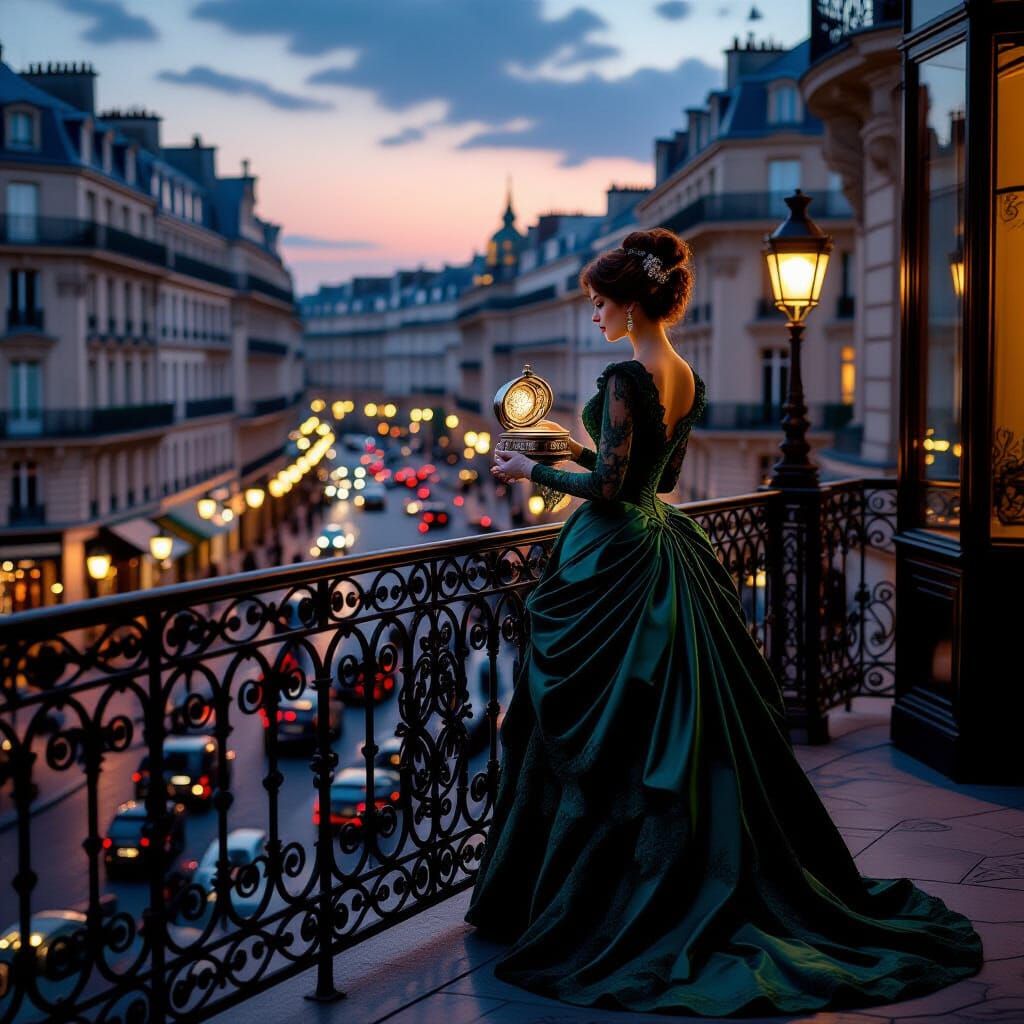 Victorian Woman with Music Box on Parisian Balcony