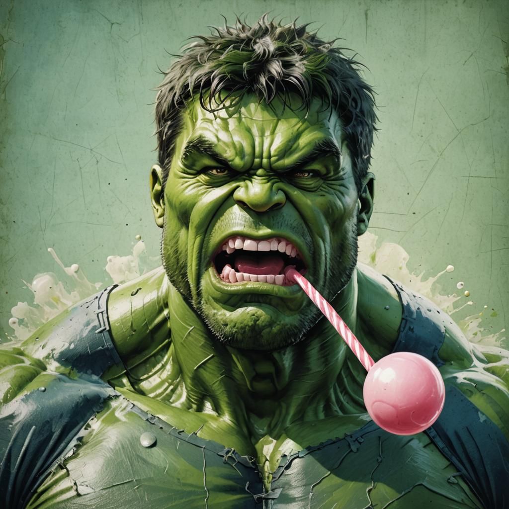 Hulk Blowing Bubblegum: A Colorful Close-Up Portrait