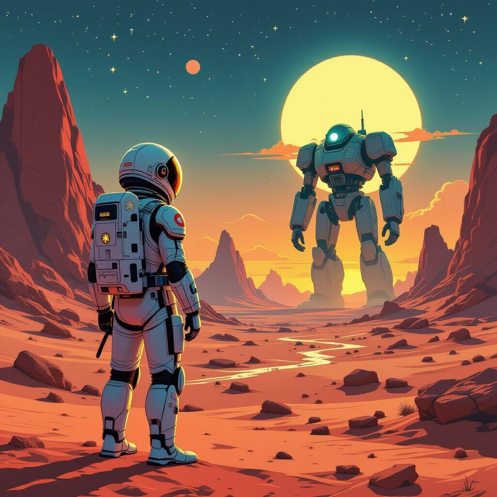 Alien Planet Encounter With Retro Spacesuit Salesman and Anc...