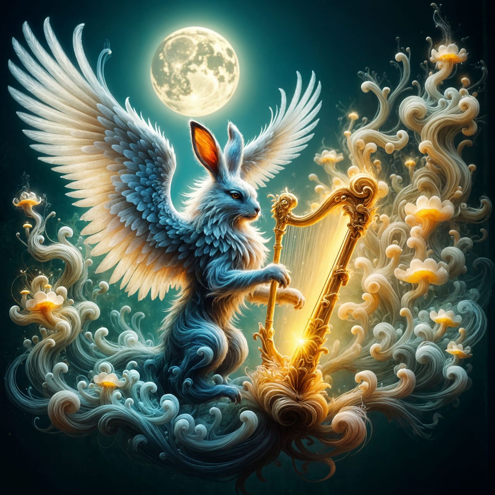 Majestic Harpy Hare Playing Ancient Harp in Moonlit Forest