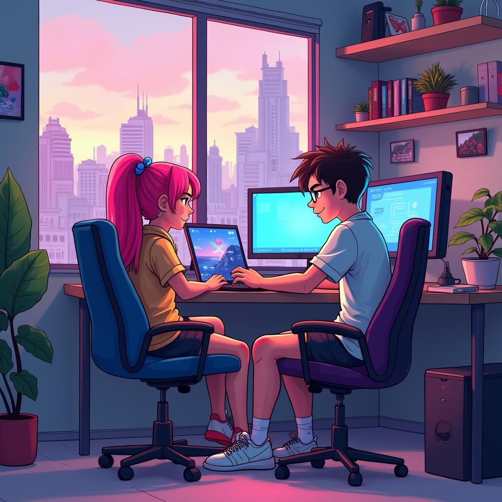 Gaming Bloggers in a Modern Cyberpunk Office