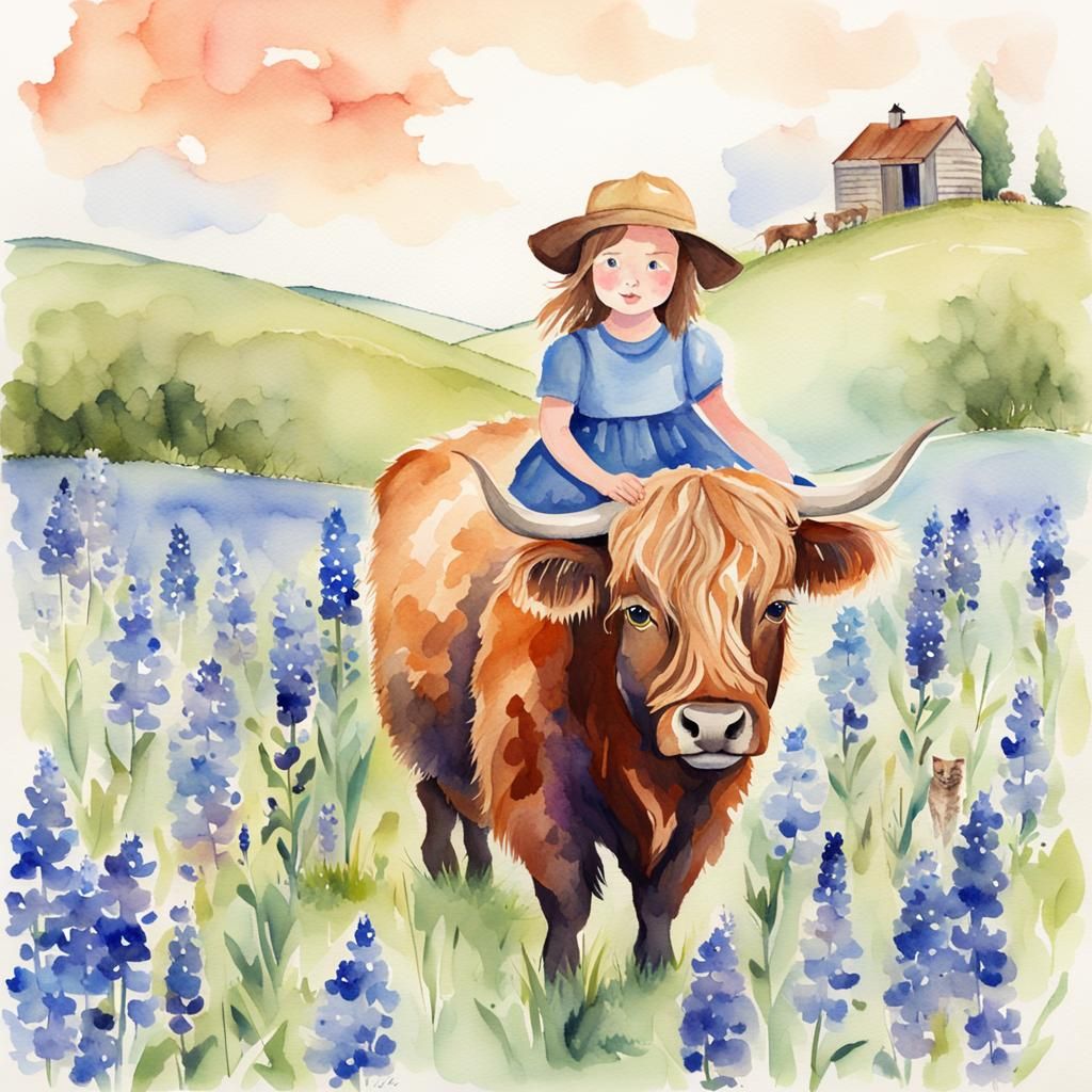 Girl and Cat Ride Highland Cow: Watercolor Painting