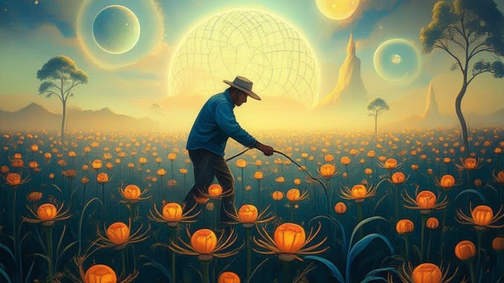 Lone Farmer Tends Alien Crops in Misty Field