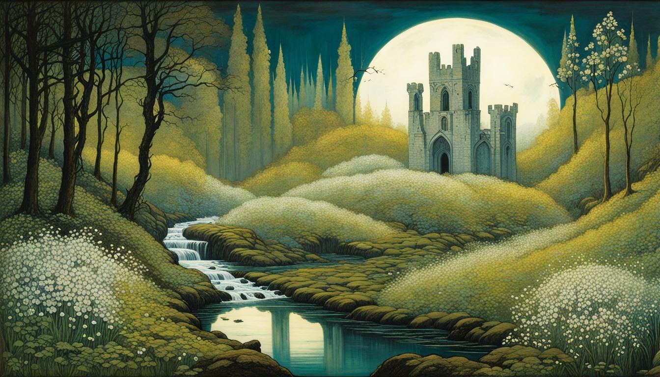 Romantic Forest Ruin with Climbing White Flowers