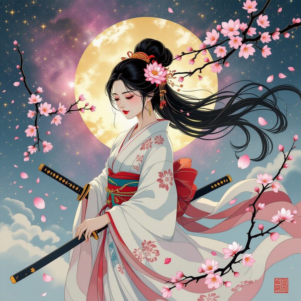 Vietnamese Woman in Sakura Nebula: Cosmic Ukiyo-e Style